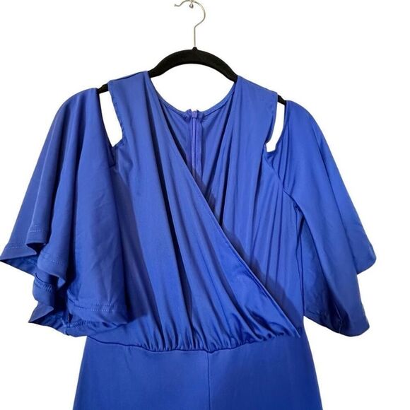 Soho Chic Faux Wrap Flutter Cold Shoulder Blue One Piece Jumpsuit Size Small - Picture 2 of 4